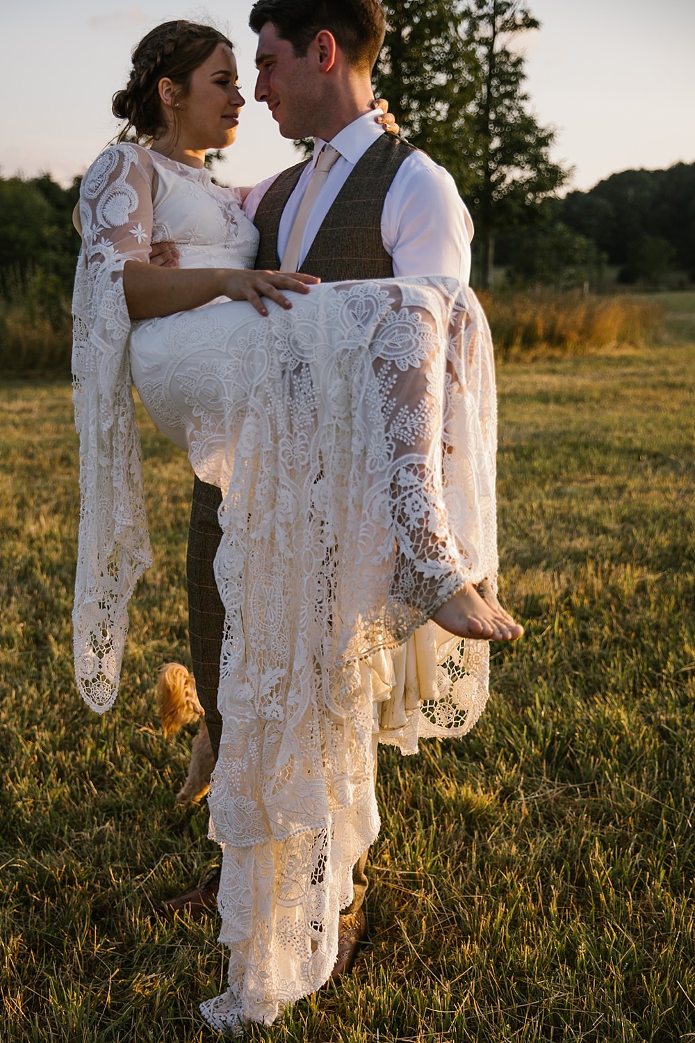 Dress Gown Bride Bridal Rue Du Seine Sia Lace Sleeves Train Boho Bohemian Chaucer Barn Wedding Katherine Ashdown Photography