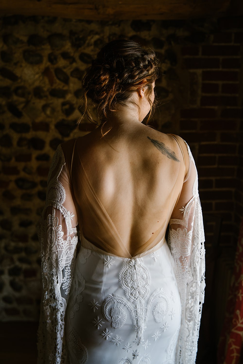 Dress Gown Bride Bridal Rue Du Seine Sia Lace Sleeves Train Boho Bohemian Chaucer Barn Wedding Katherine Ashdown Photography