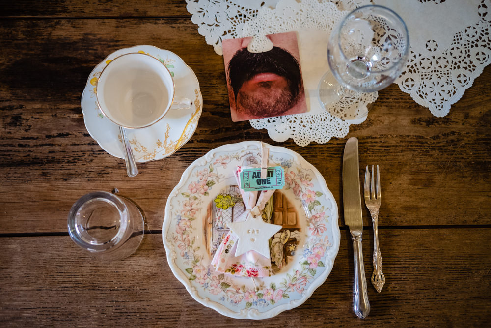 Table Decor Place Setting Plates Doily Napkin Star Favour Cowshed Woodhall Farm Wedding Emma and Rich