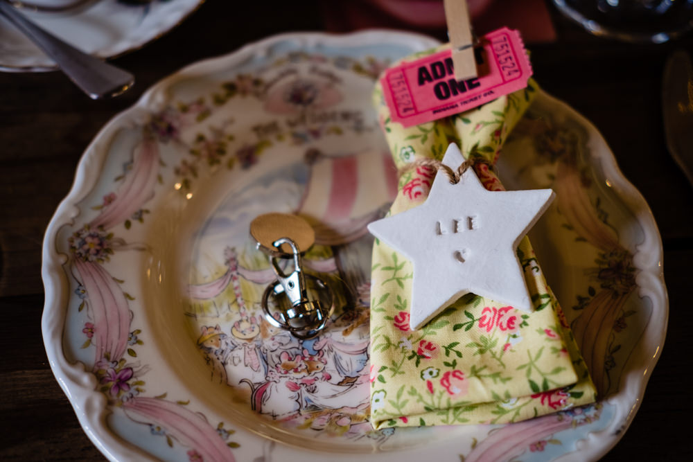 Table Decor Place Setting Plates Doily Napkin Star Favour Cowshed Woodhall Farm Wedding Emma and Rich