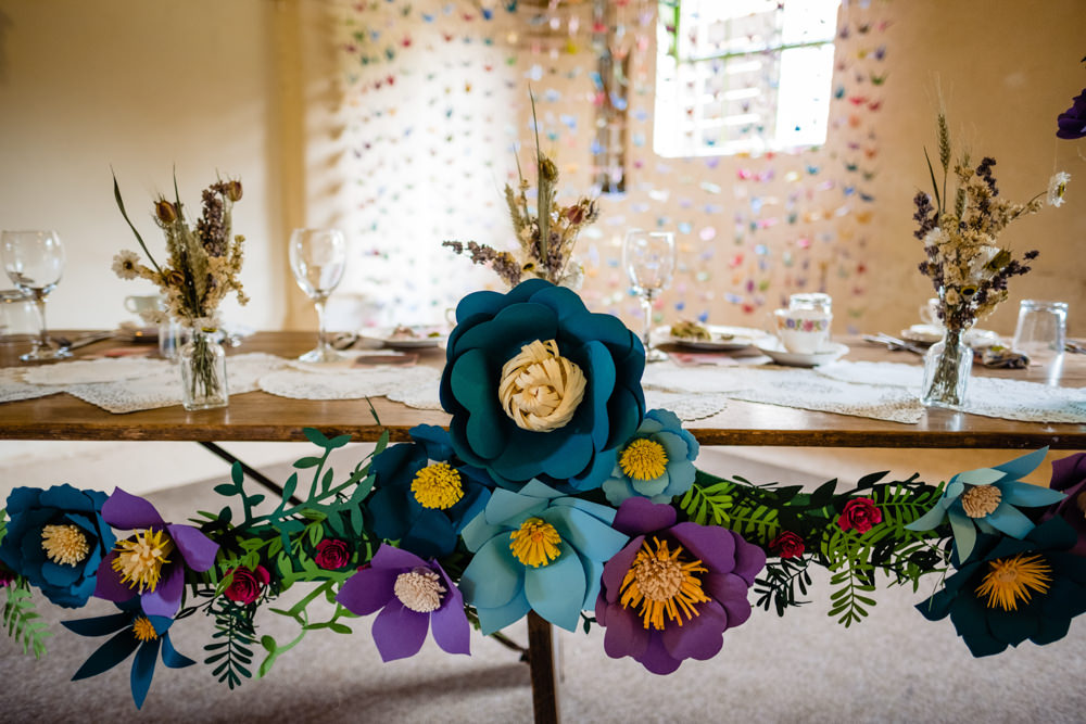 Paper Flowers Top Table Decor Cowshed Woodhall Farm Wedding Emma and Rich