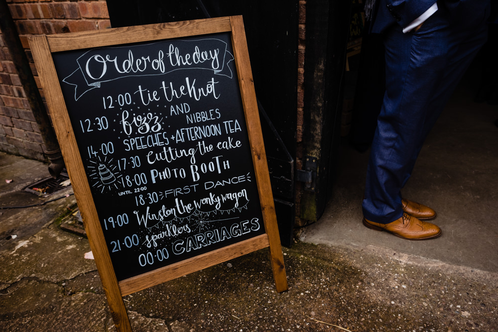 Sign Signs Signage Order of the Day Blackboard Cowshed Woodhall Farm Wedding Emma and Rich