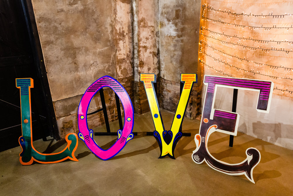 Love Sign Signs Signage Cowshed Woodhall Farm Wedding Emma and Rich
