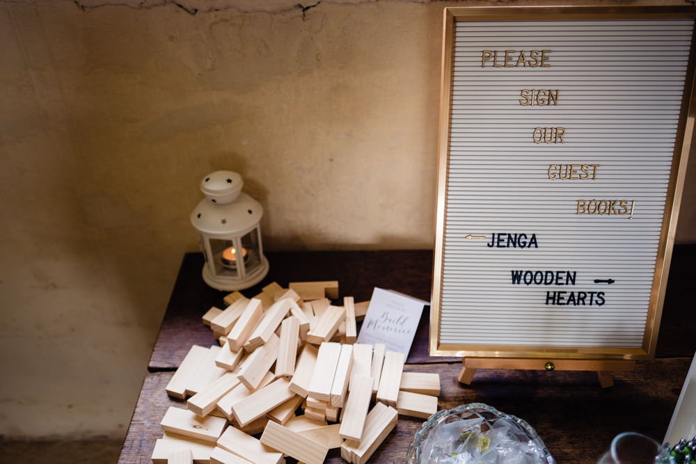 Jenga Guest Book Cowshed Woodhall Farm Wedding Emma and Rich