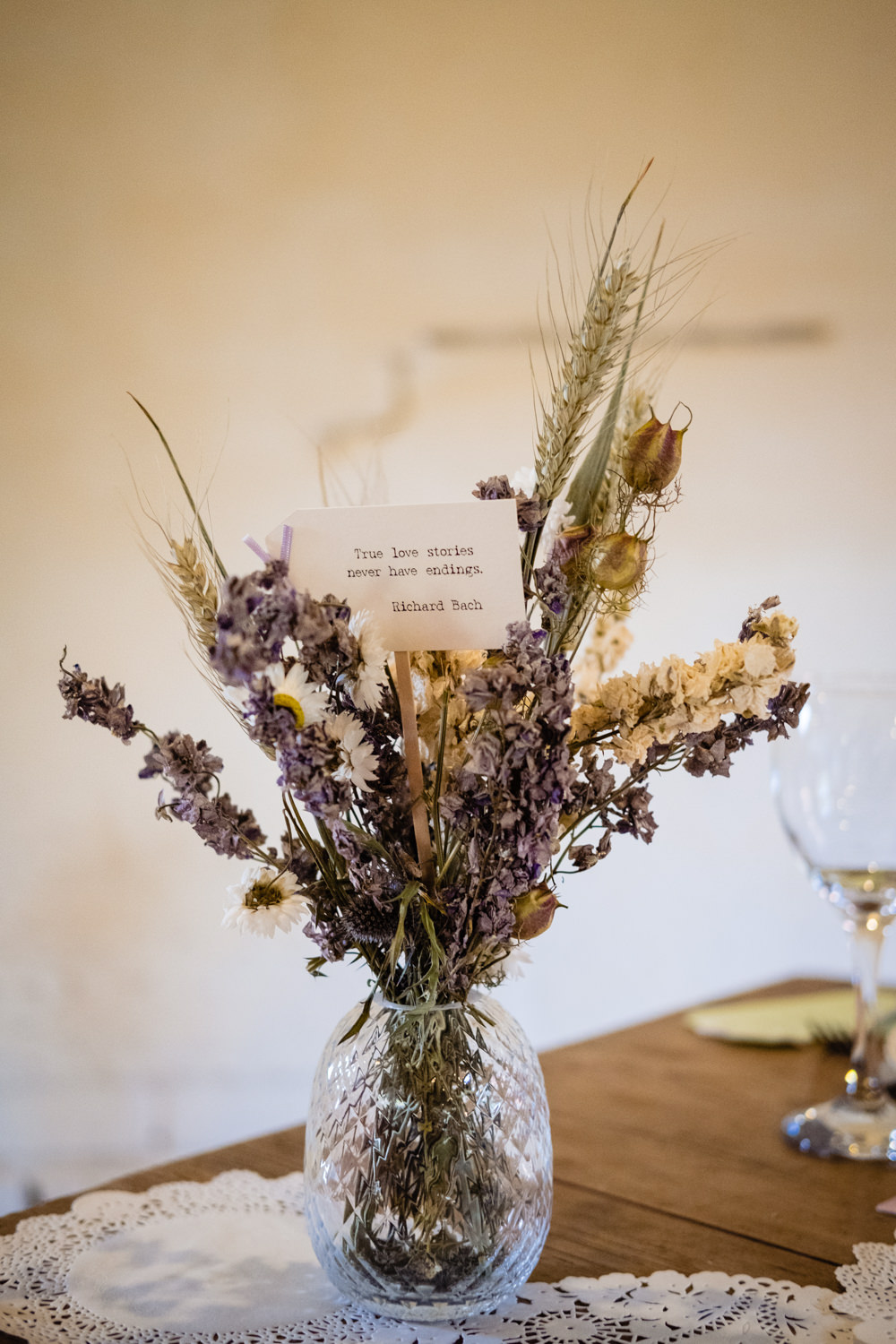 Dried Flowers Lavender Table Bottle Cowshed Woodhall Farm Wedding Emma and Rich