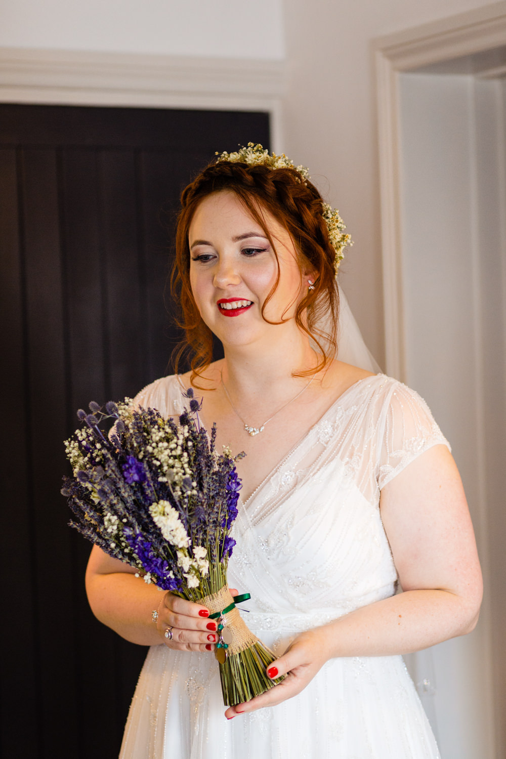 Bride Bridal Dress Gown Bouquet Lavender Flowers Wed2b Cowshed Woodhall Farm Wedding Emma and Rich