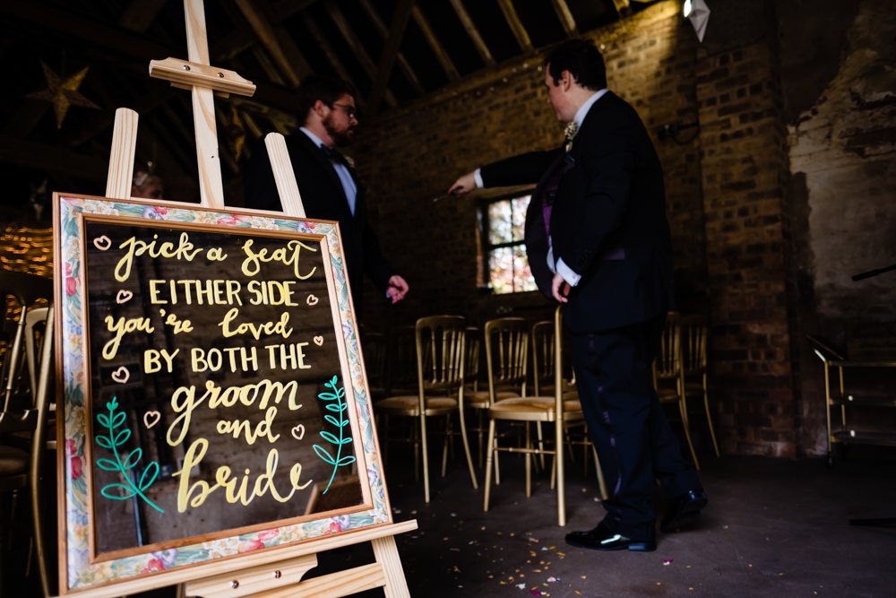 Sign Signs Signage Ceremony Blackboard Cowshed Woodhall Farm Wedding Emma and Rich