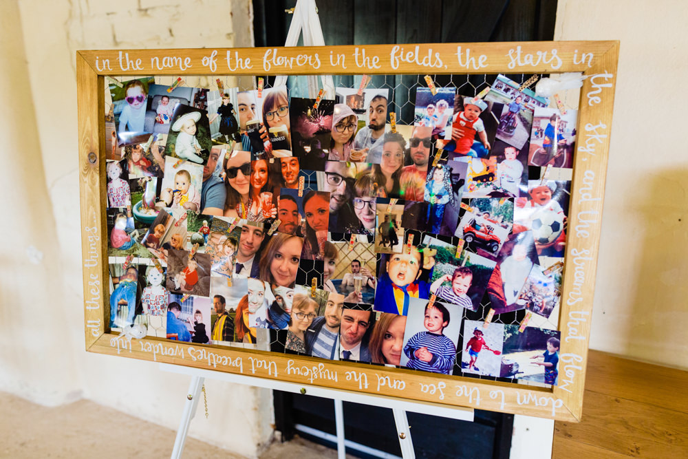 Photo Wall Memory Cowshed Woodhall Farm Wedding Emma and Rich