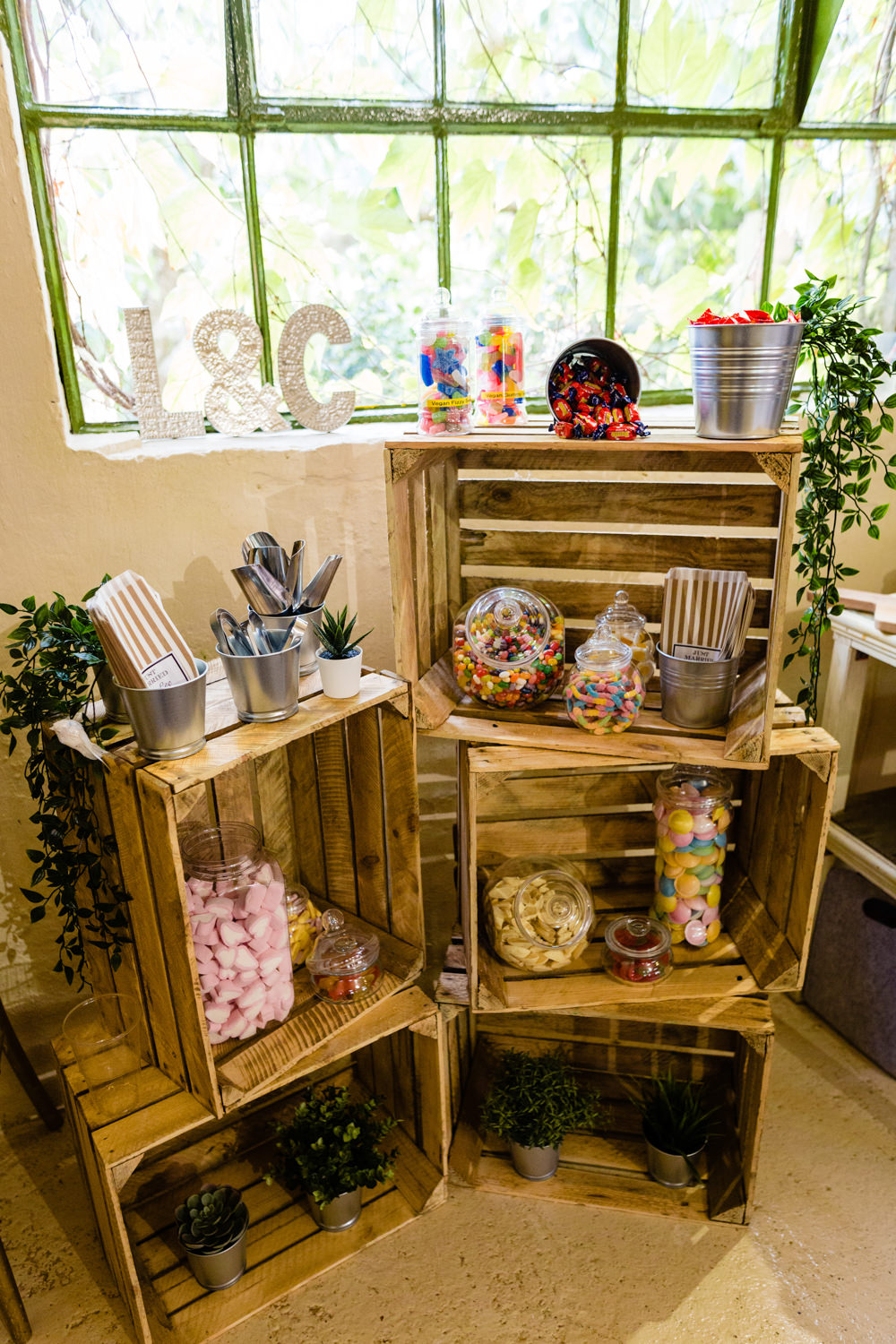Sweetie Table Sweets Crates Cowshed Woodhall Farm Wedding Emma and Rich