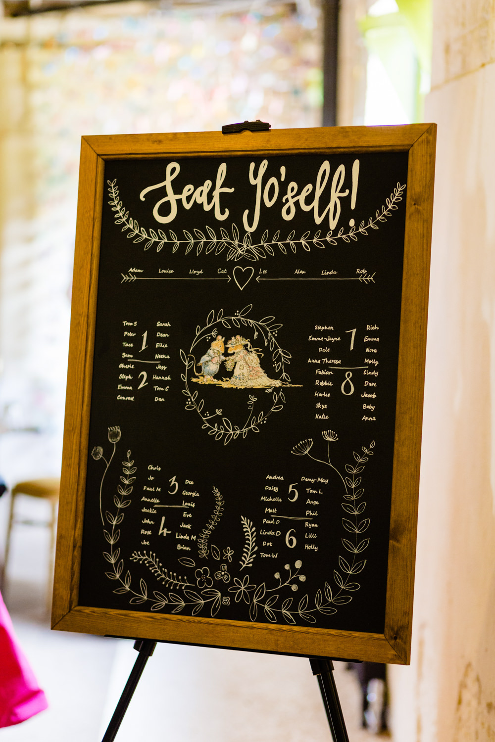 Sign Signs Signage Seating Chart Table Plan Blackboard Cowshed Woodhall Farm Wedding Emma and Rich
