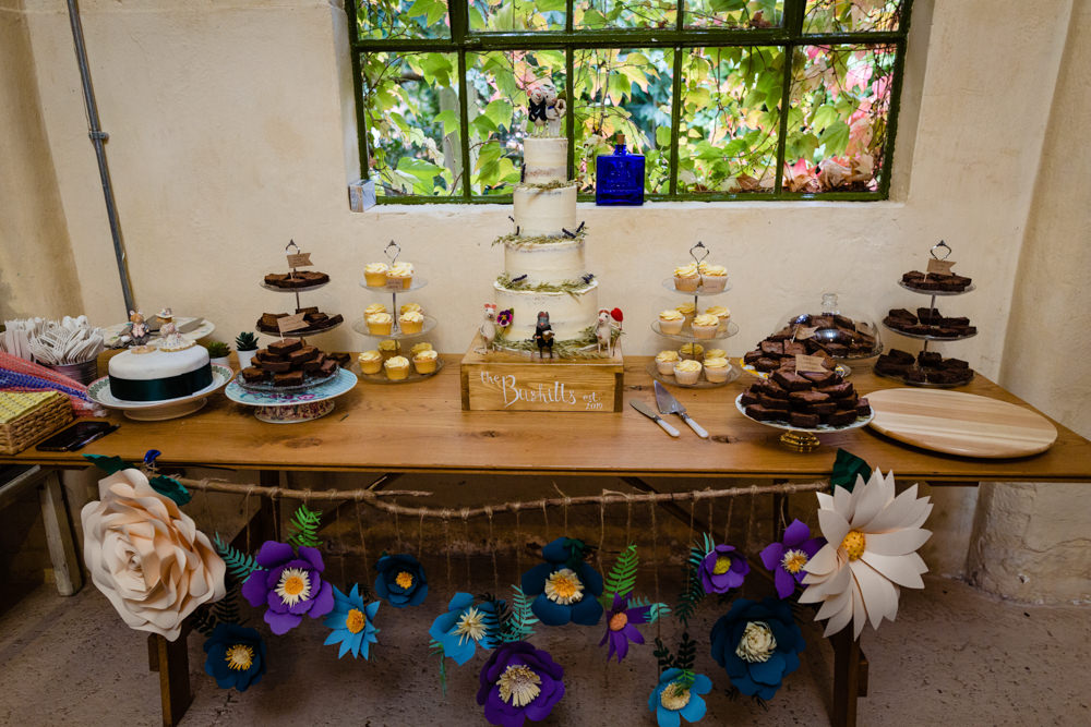 Cake Dessert Table Cowshed Woodhall Farm Wedding Emma and Rich