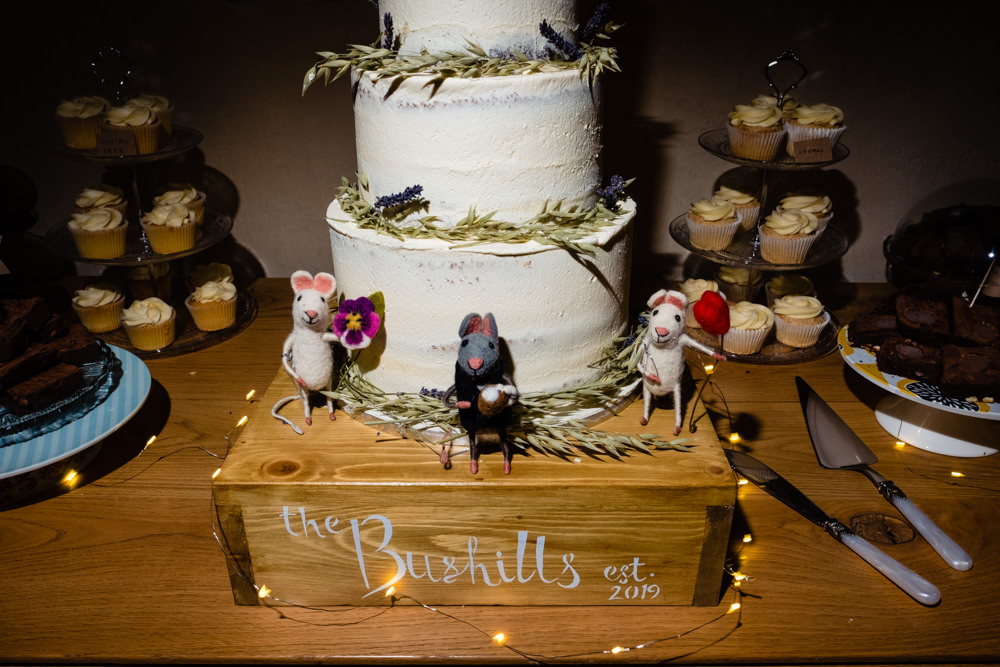 Wooden Box Personalised Cake Stand Cowshed Woodhall Farm Wedding Emma and Rich