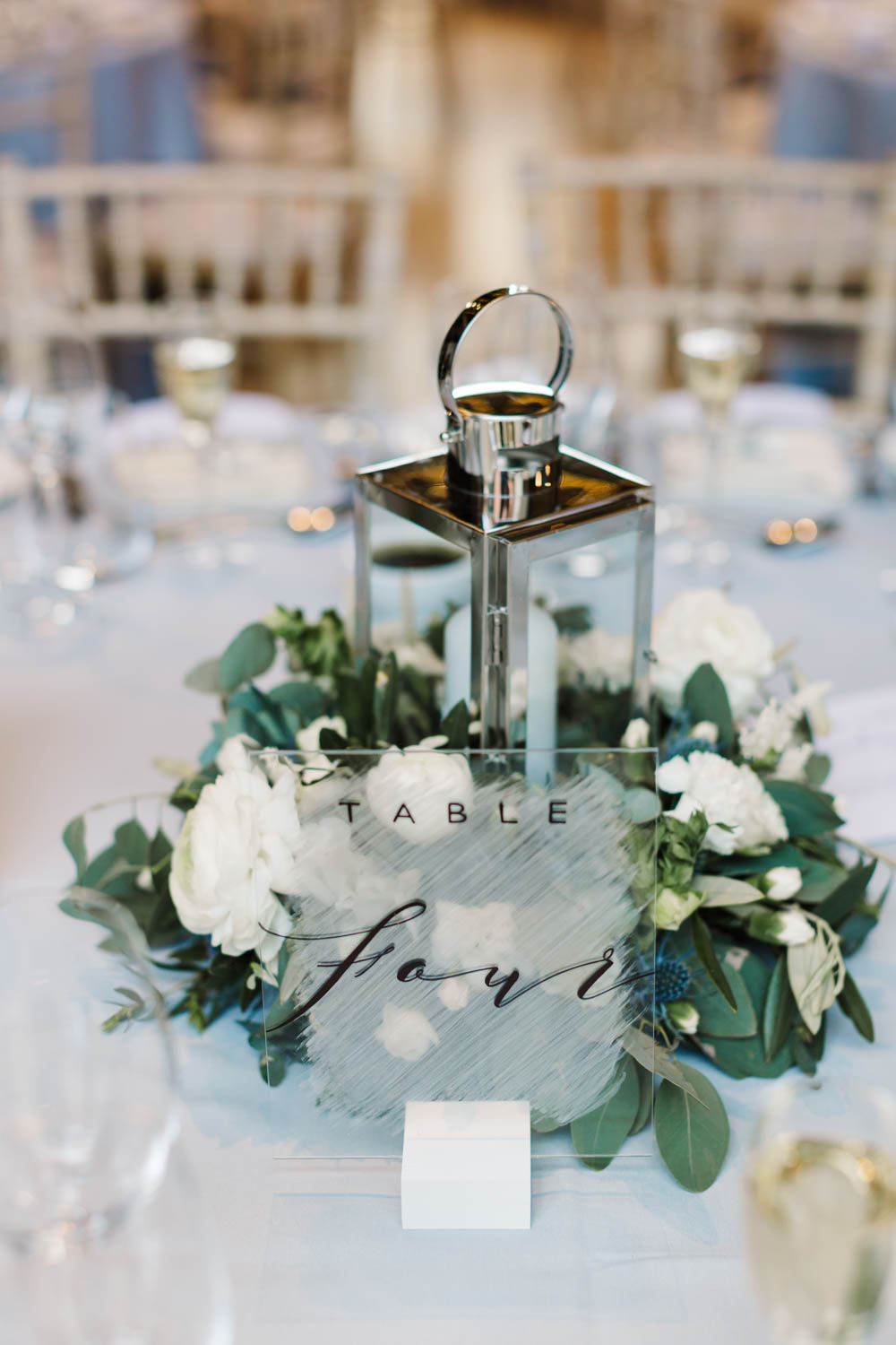 Centrepiece Hurricane Lamp Candle Flowers Acrylic Perspex Calligraphy Table Number Dove Grey Wedding Danielle Smith Photography