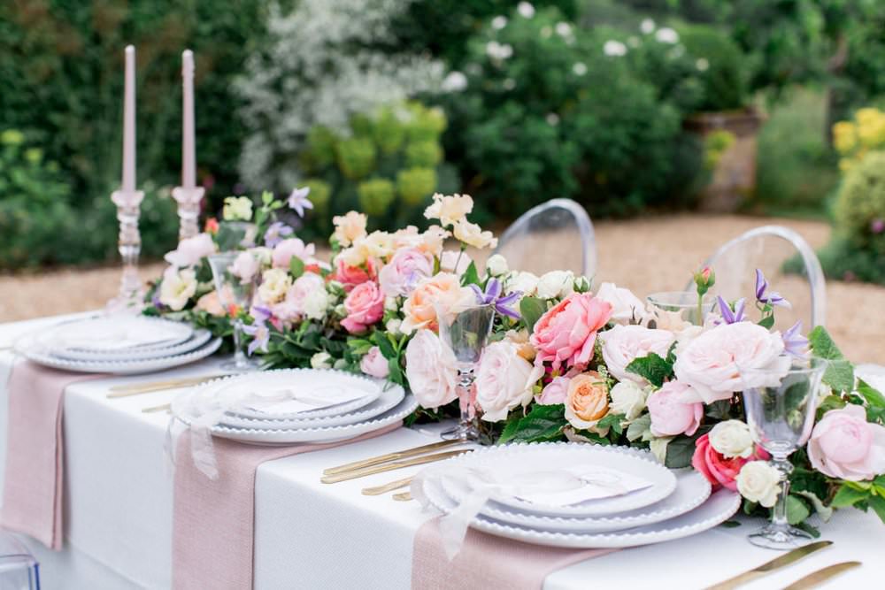 Table Flowers Garland Swag Centrepiece Coral Lilac Rose Peony English Garden Wedding Inspiration Philippa Sian Photography
