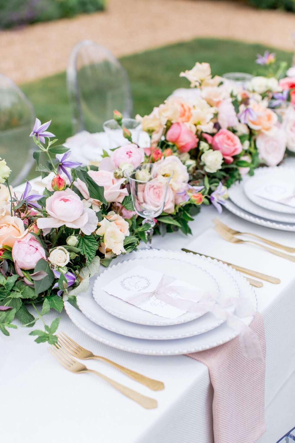 Place Setting Gold Cutlery Flowers Plates Menu English Garden Wedding Inspiration Philippa Sian Photography