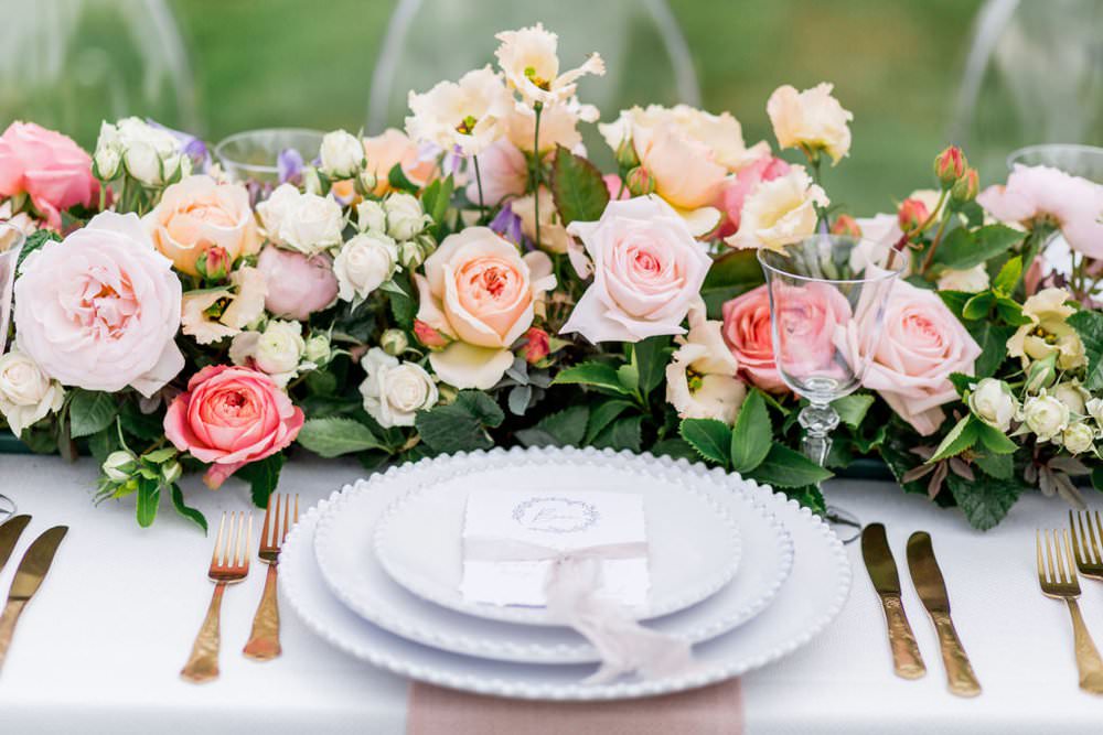 Table Flowers Garland Swag Centrepiece Coral Lilac Rose Peony English Garden Wedding Inspiration Philippa Sian Photography