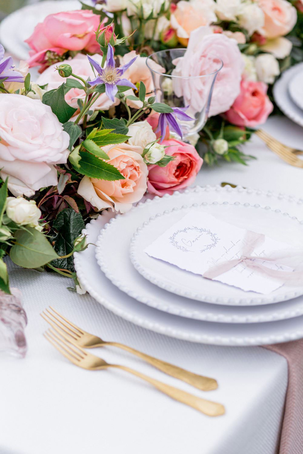 Place Setting Gold Cutlery Flowers Plates Menu English Garden Wedding Inspiration Philippa Sian Photography