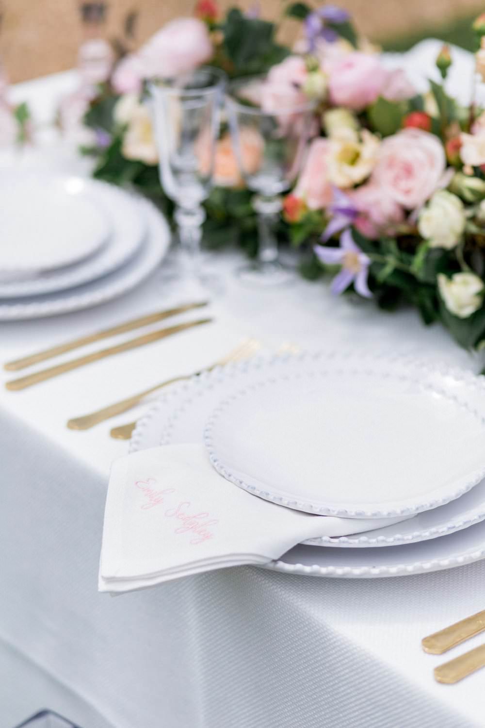 Place Setting Gold Cutlery Flowers Plates Place Name Napkin English Garden Wedding Inspiration Philippa Sian Photography