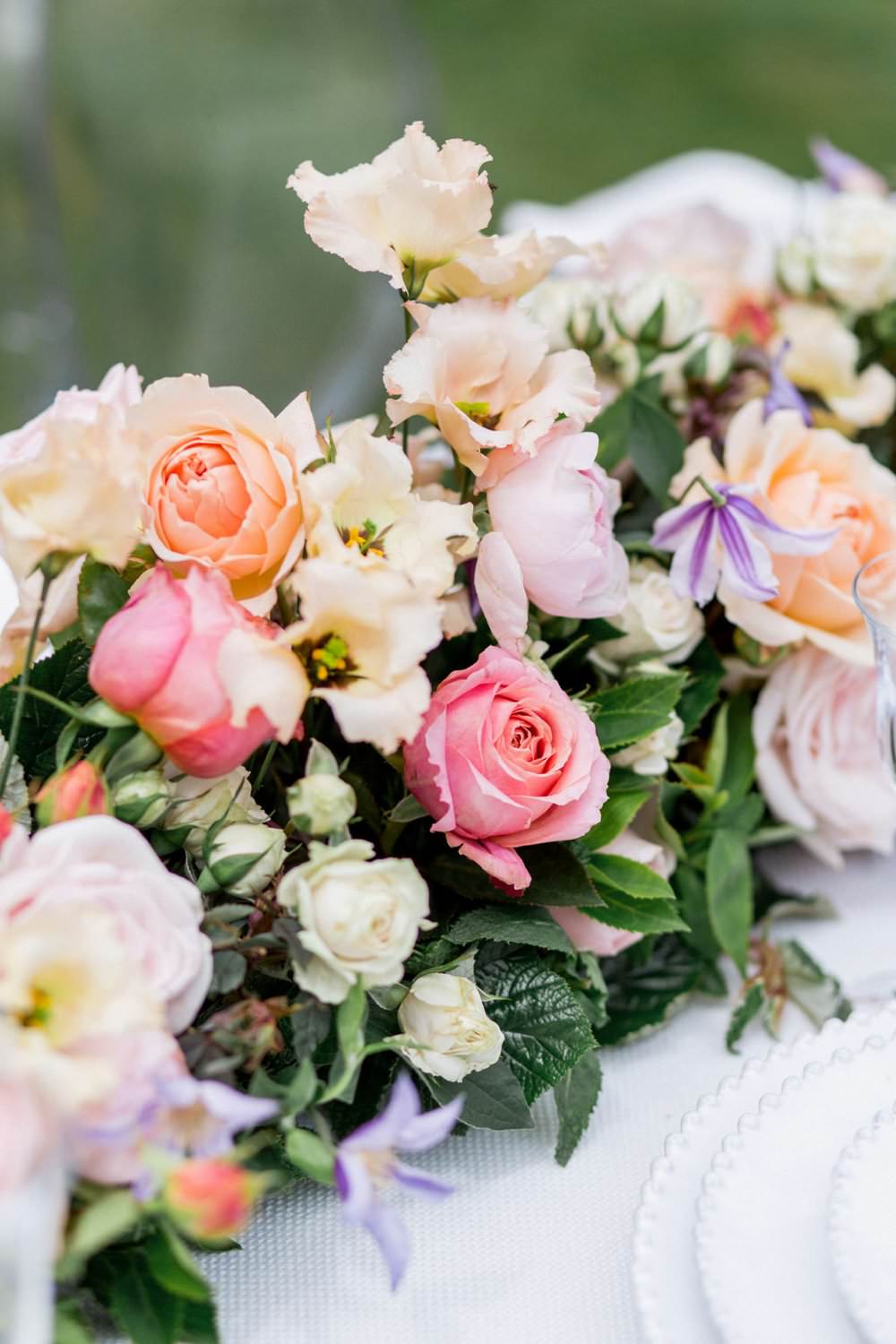 Table Flowers Garland Swag Centrepiece Coral Lilac Rose Peony English Garden Wedding Inspiration Philippa Sian Photography