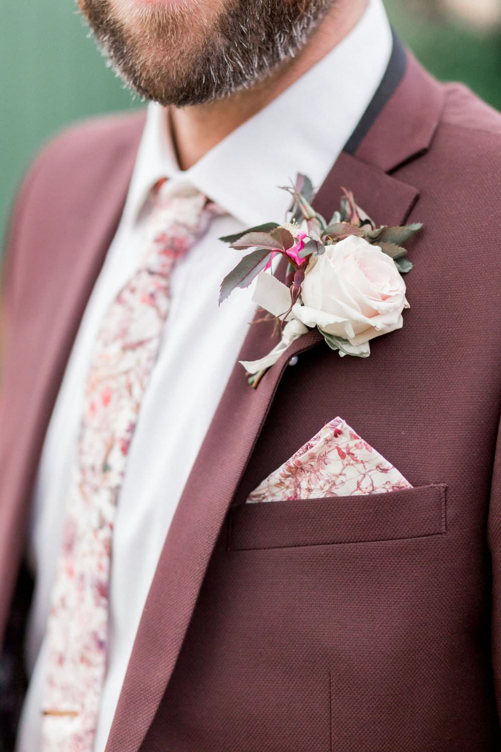 Groom Suit Burgundy Floral Tie Buttonhole English Garden Wedding Inspiration Philippa Sian Photography