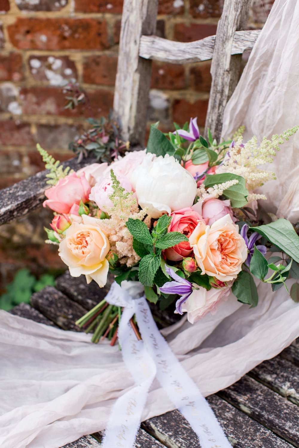 Bouquet Flowers Bride Bridal Coral Lilac Rose Peony English Garden Wedding Inspiration Philippa Sian Photography