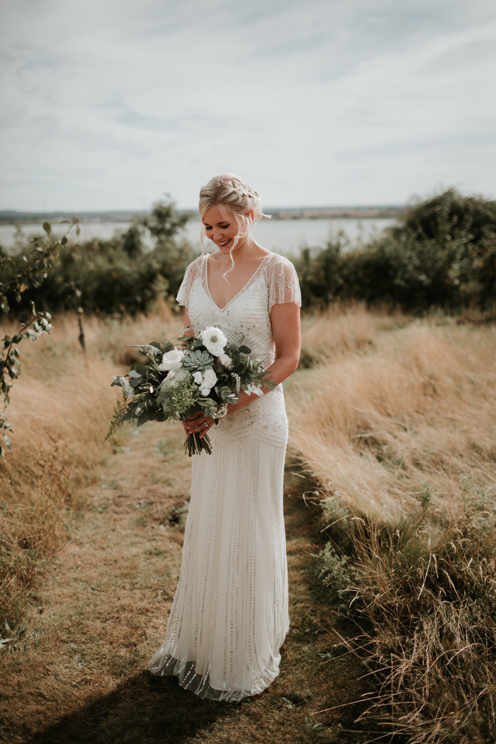 Dress Gown Bride Bridal Jenny Packham Beaded Sequin Cap Sleeves Ferry House Inn Wedding Paul Fuller Kent Photography