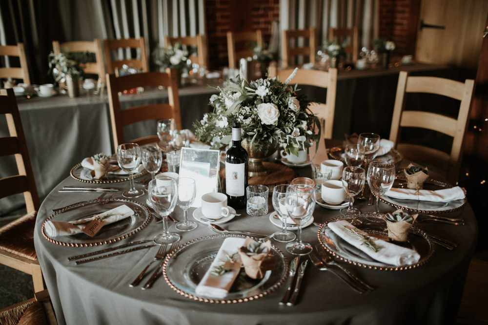 Round Tables Grey Table Cloths Flowers Centrepiece Ferry House Inn Wedding Paul Fuller Kent Photography