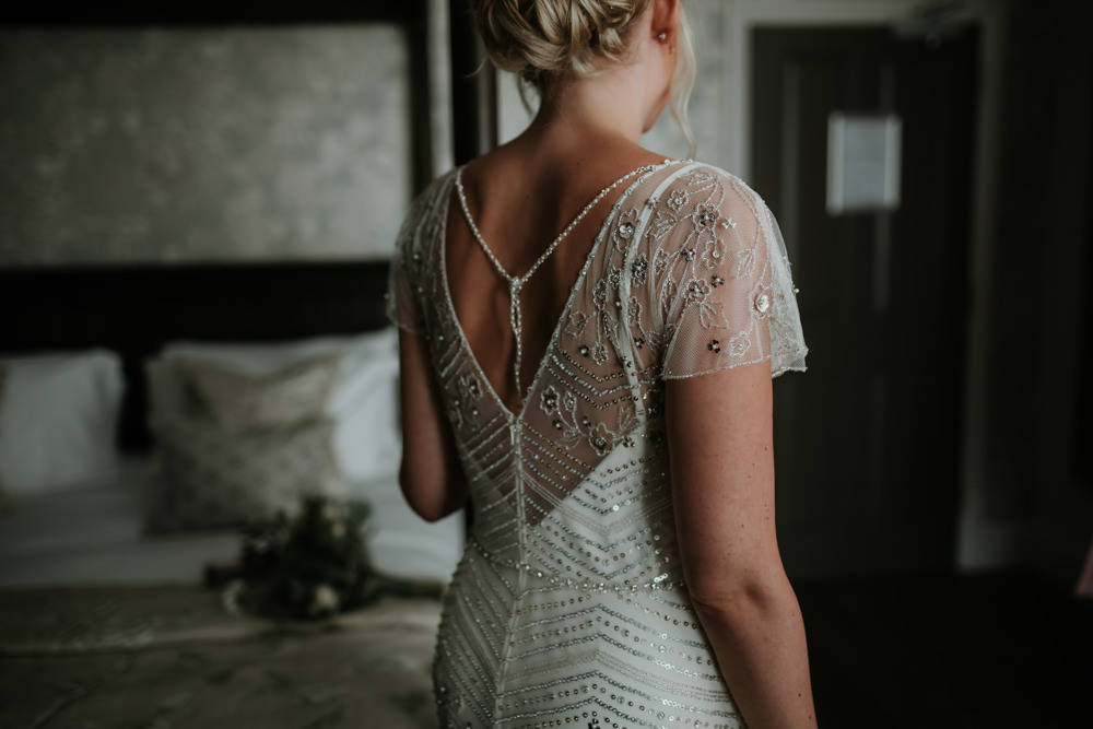 Dress Gown Bride Bridal Jenny Packham Beaded Sequin Cap Sleeves Ferry House Inn Wedding Paul Fuller Kent Photography
