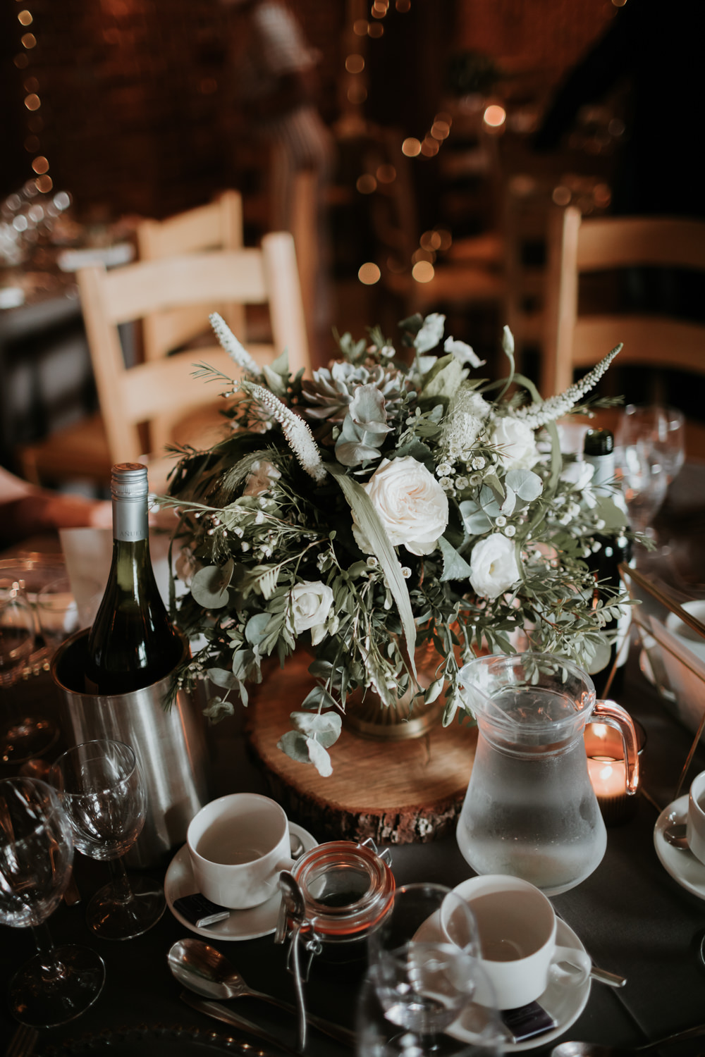 Round Tables Grey Table Cloths Flowers Centrepiece Greenery Foliage Ferry House Inn Wedding Paul Fuller Kent Photography