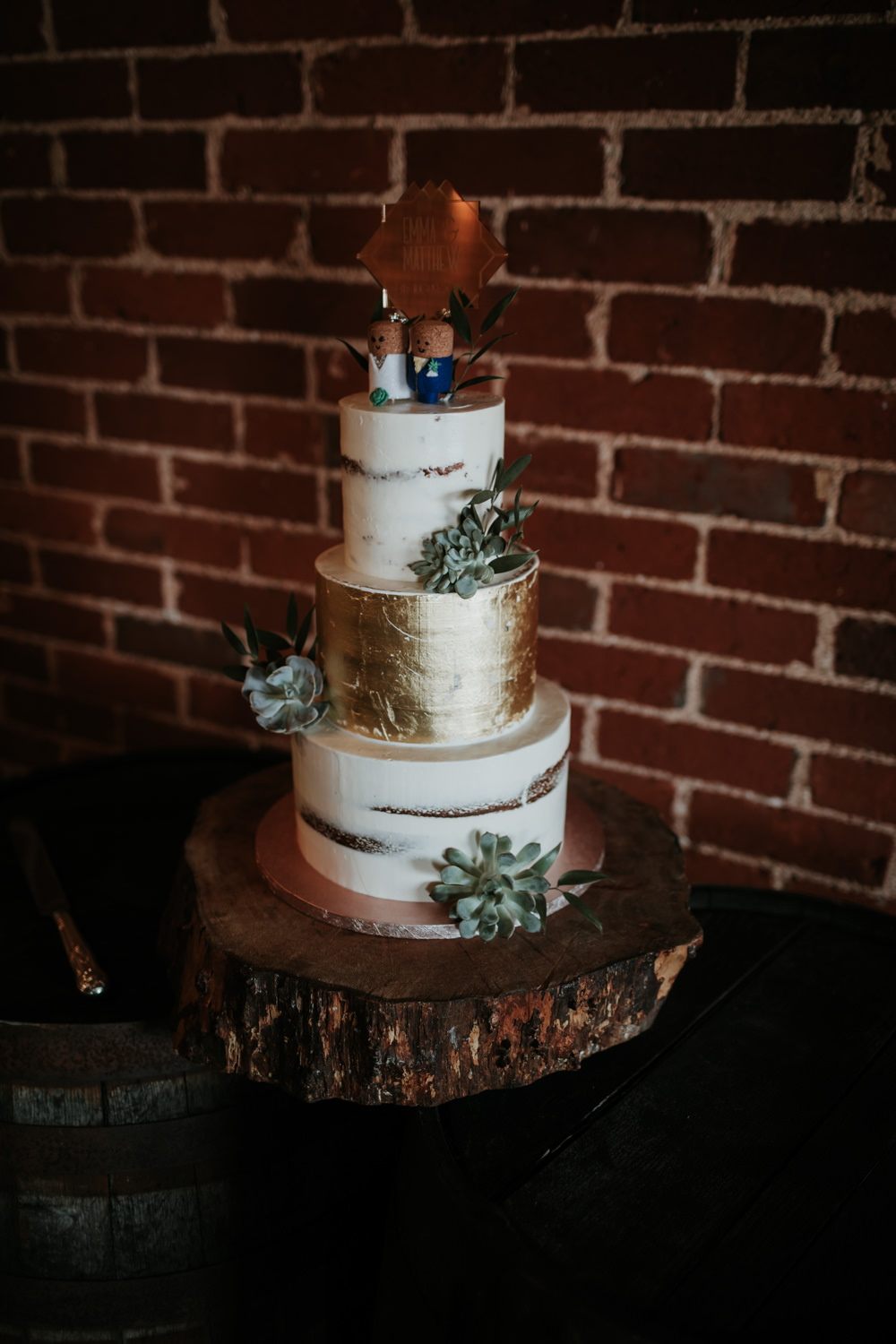 Semi Naked Cake Gold Log Stand Succulent Topper Ferry House Inn Wedding Paul Fuller Kent Photography