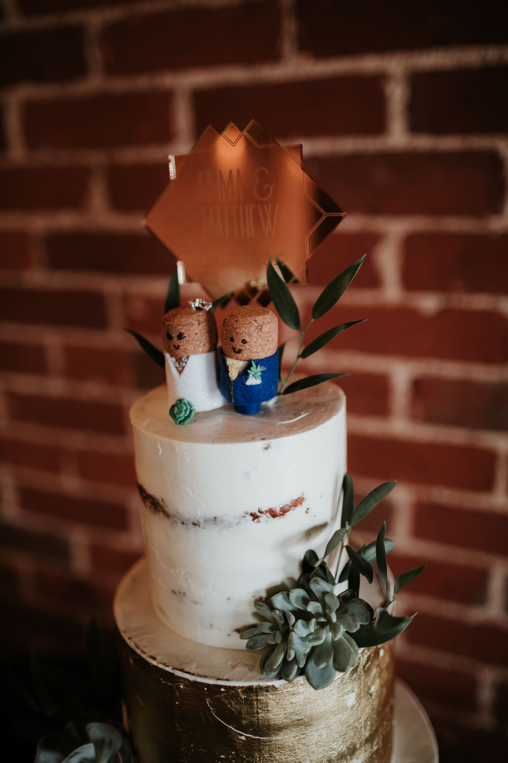 Semi Naked Cake Gold Log Stand Succulent Topper Ferry House Inn Wedding Paul Fuller Kent Photography