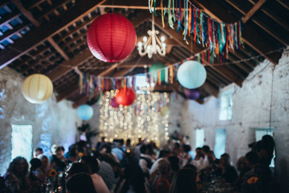 Rainbow Colourful Decor Decorations Balloons Bunting Old Barn Wedding Joshua Rhys Photography