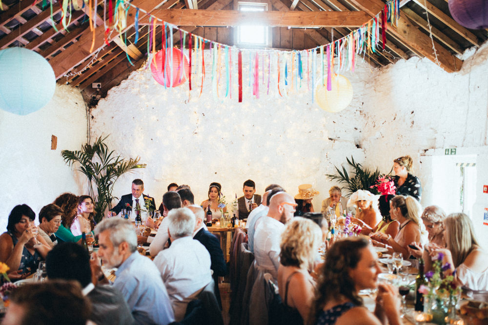 Rainbow Colourful Decor Decorations Balloons Bunting Old Barn Wedding Joshua Rhys Photography
