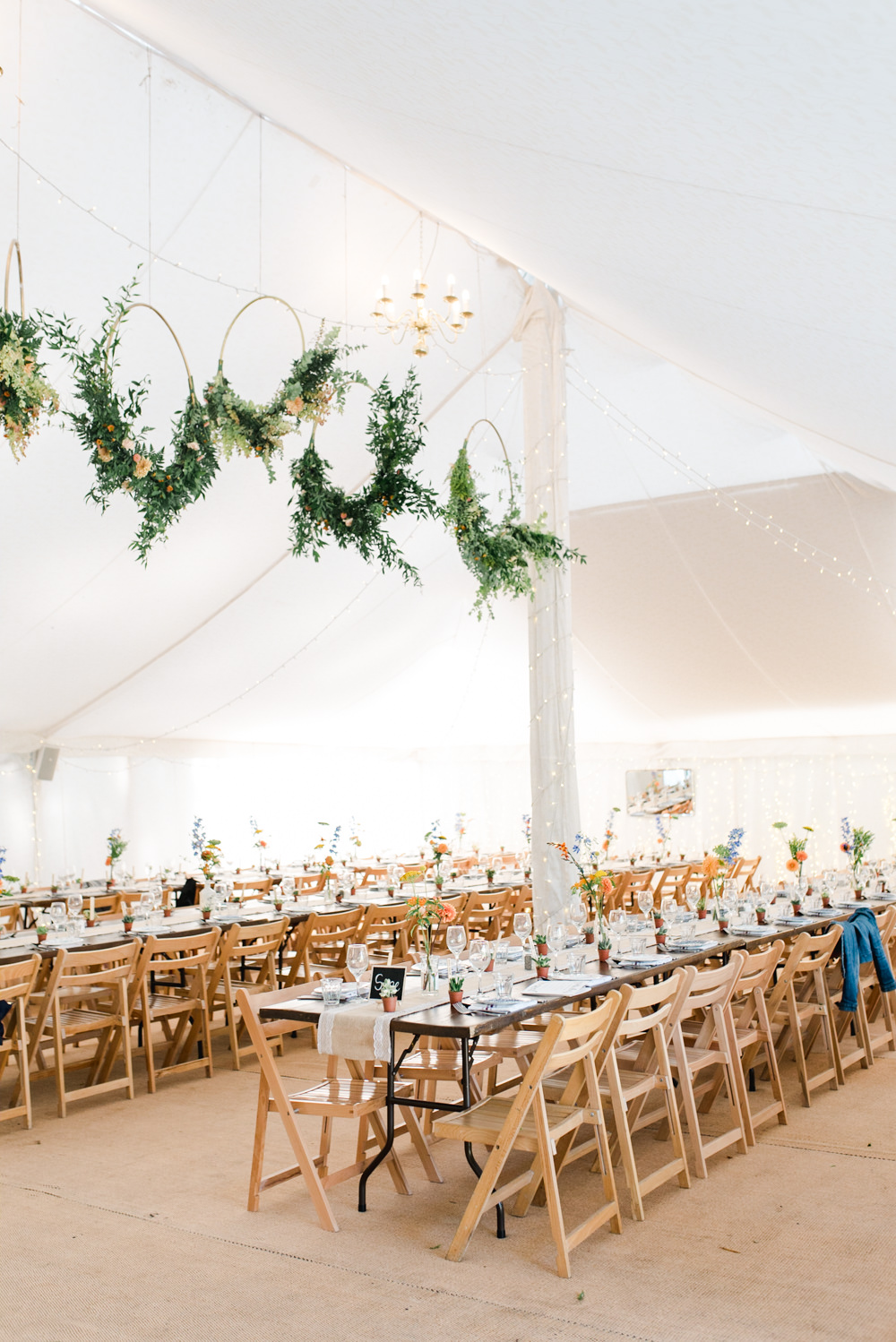Marquee Fairy Lights Hoops Wreaths Greenery Foliage Flower Haning Suspended Long Tables Trestle Perch Inn Wedding Captured By Katrina