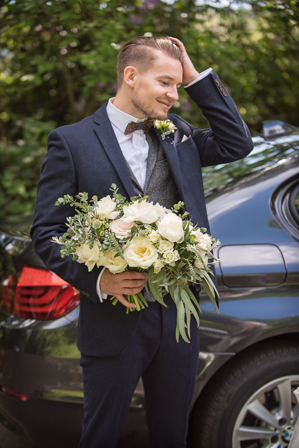 Groom Suit Navy Waistcoat Bow Tie Bouquet Flowers Bride Bridal Ivory Rose Peony Eucalyptus Sopley Lake Wedding One Thousand Words