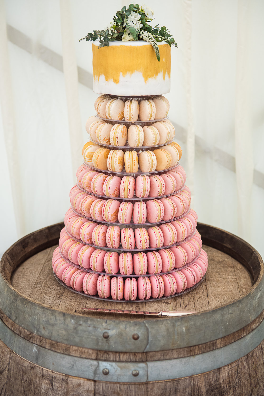 Cake Macaron Tower Gold Pink Sopley Lake Wedding One Thousand Words