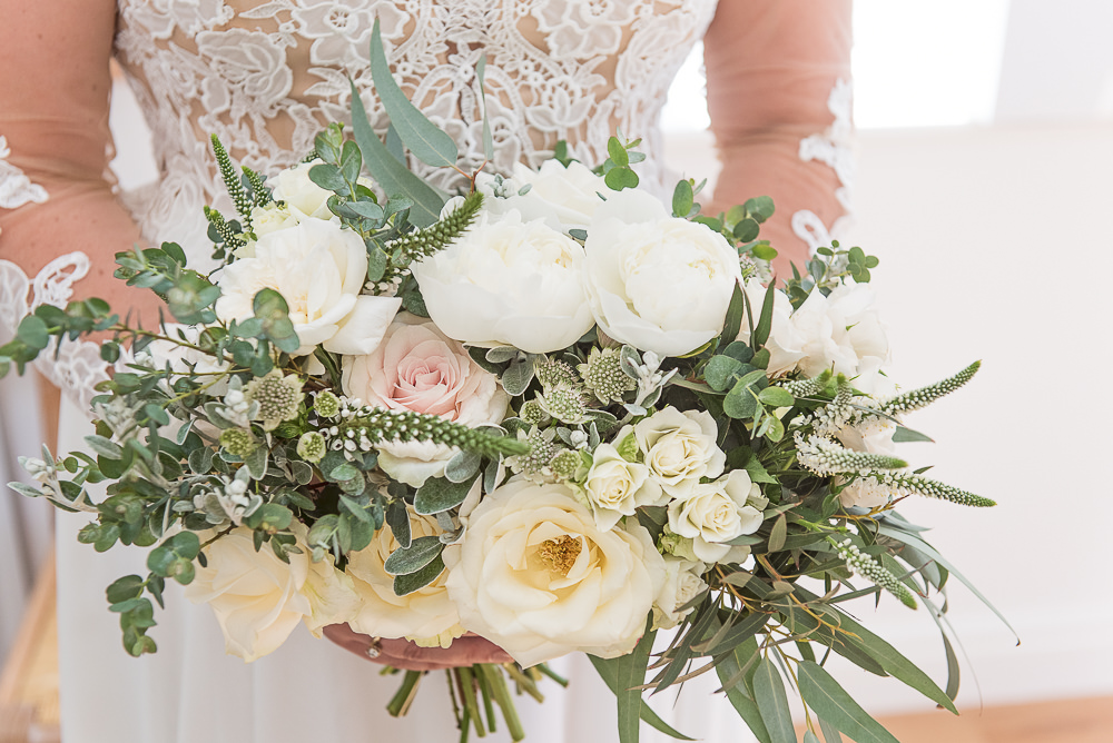 Bouquet Flowers Bride Bridal Ivory Rose Peony Eucalyptus Sopley Lake Wedding One Thousand Words