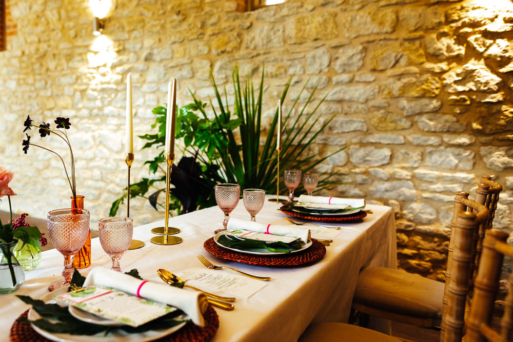 Barn Plants Hanging Suspended Table Tablescape Flowers Candles Tropical Wedding Inspiration Emily Little Photography