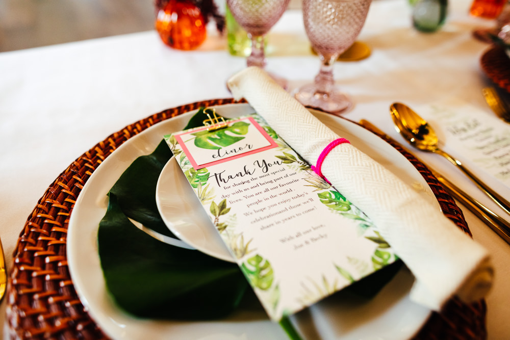 Place Setting Decor Menu Tropical Wedding Inspiration Emily Little Photography
