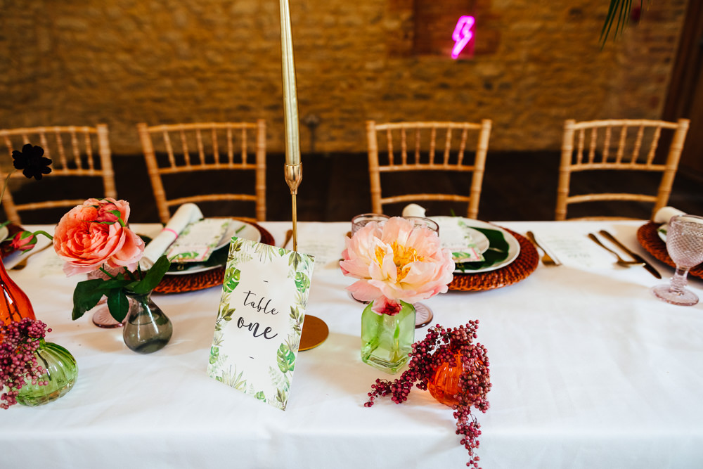 Barn Plants Hanging Suspended Table Tablescape Flowers Candles Tropical Wedding Inspiration Emily Little Photography