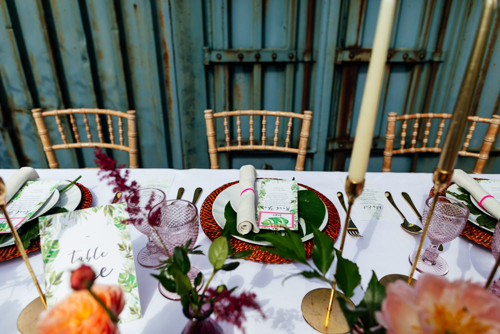 Outdoor Table Tablescape Flowers Candles Tropical Wedding Inspiration Emily Little Photography