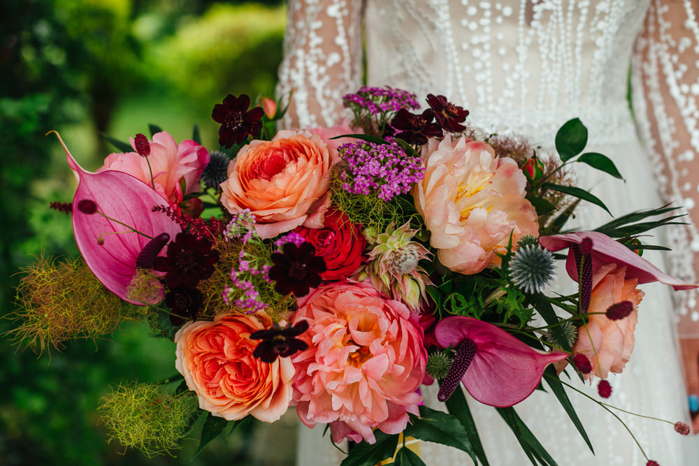 Bouquet Flowers Bride Bridal Flamingo Plant Rose Cosmos Thistle Tropical Wedding Inspiration Emily Little Photography