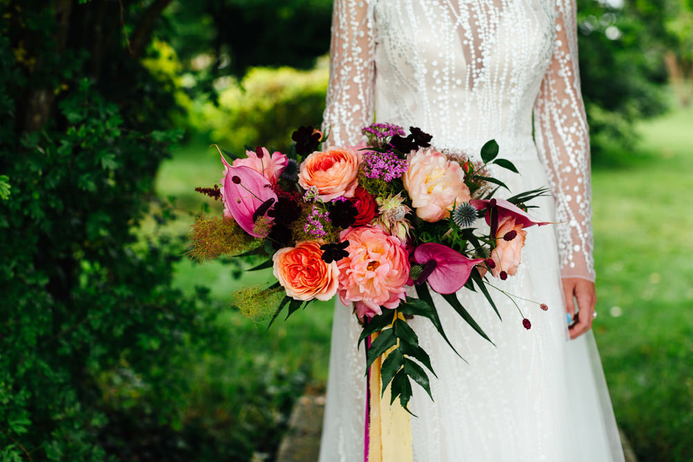 Bouquet Flowers Bride Bridal Flamingo Plant Rose Cosmos Thistle Tropical Wedding Inspiration Emily Little Photography