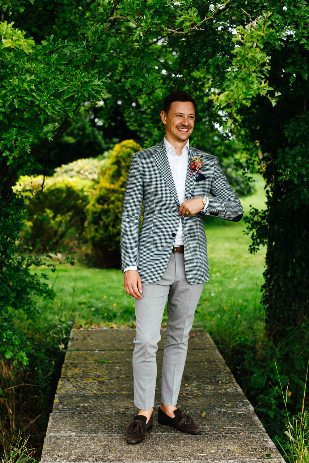 Groom Suit Check Blazer Open Collar Tropical Wedding Inspiration Emily Little Photography