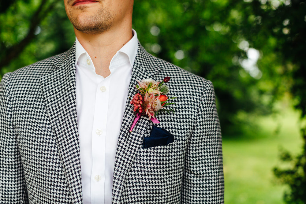 Groom Suit Check Blazer Open Collar Tropical Wedding Inspiration Emily Little Photography