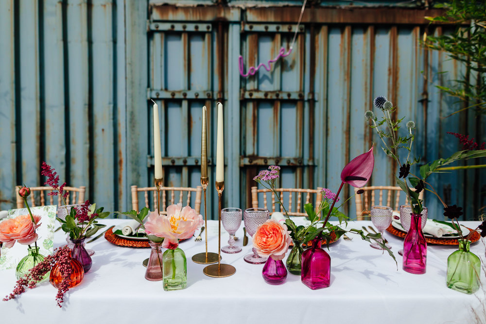 Outdoor Table Tablescape Flowers Candles Tropical Wedding Inspiration Emily Little Photography