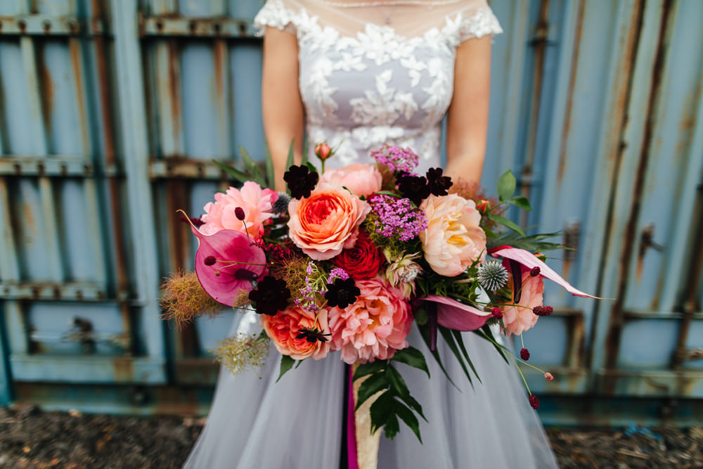 Bouquet Flowers Bride Bridal Flamingo Plant Rose Cosmos Thistle Tropical Wedding Inspiration Emily Little Photography
