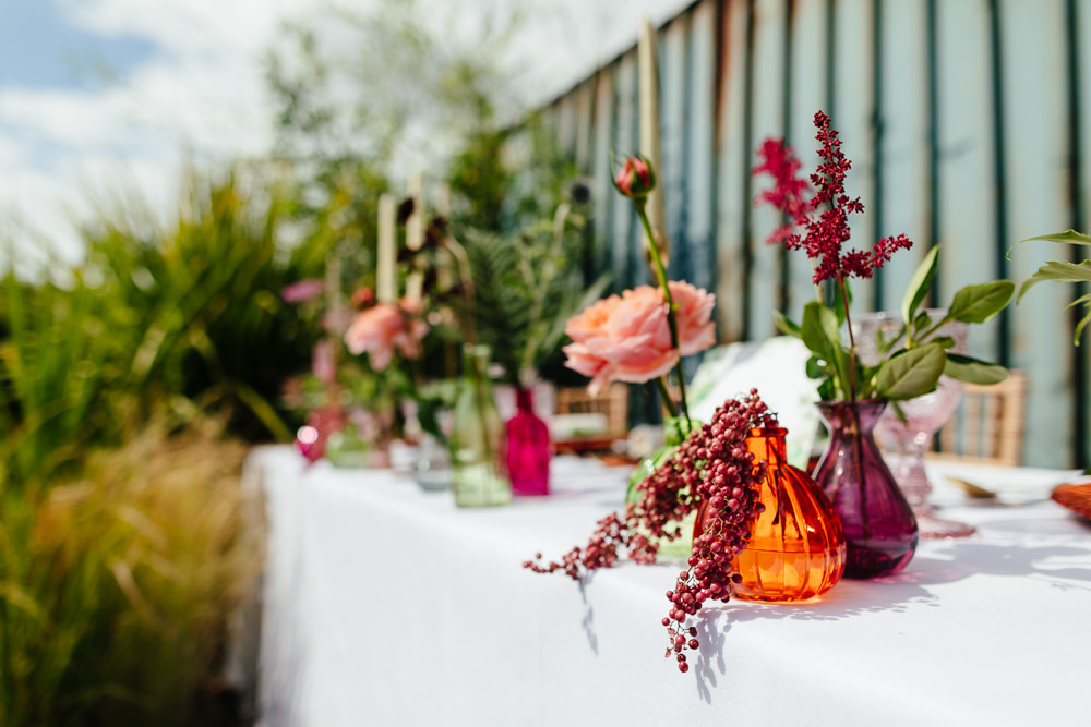 Outdoor Table Tablescape Flowers Candles Tropical Wedding Inspiration Emily Little Photography