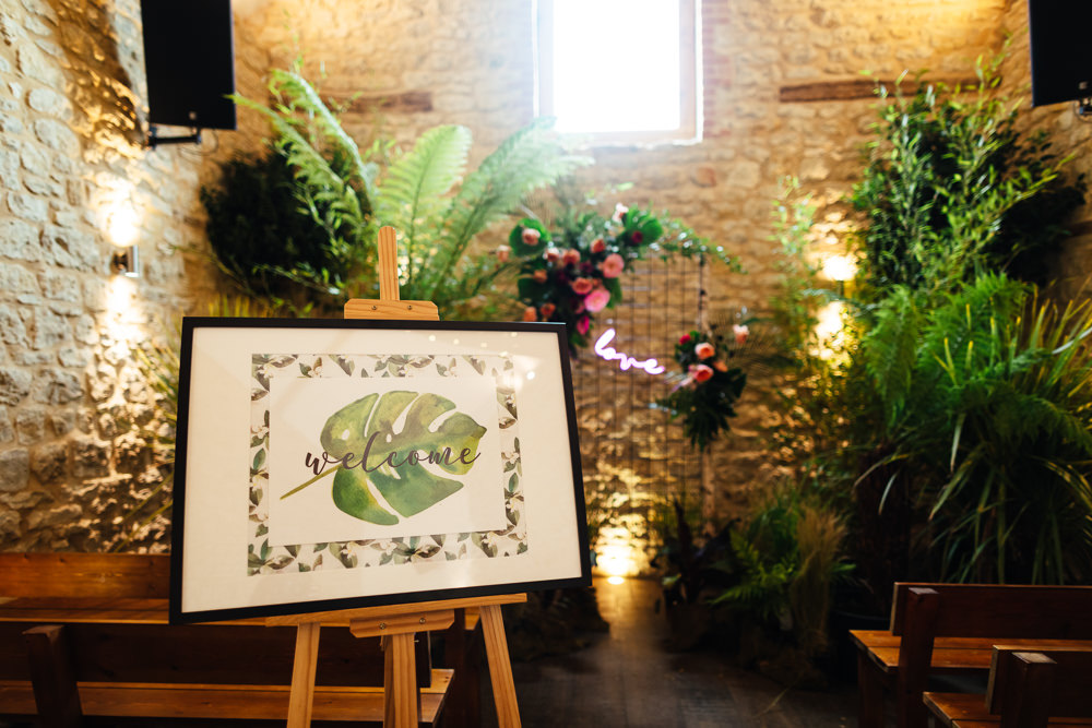 Welcome Sign Signs Signage Botanical Tropical Wedding Inspiration Emily Little Photography
