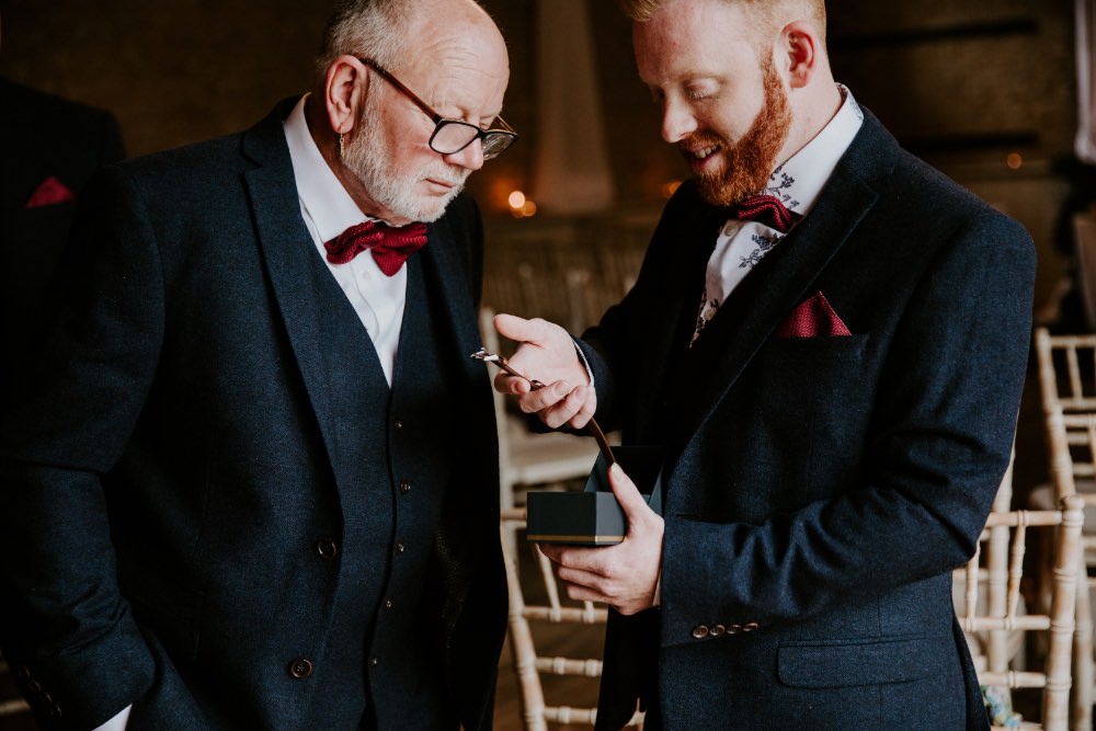 Groom Suit Navy Tweed Burgundy Bow Tie Wick Farm Bath Wedding Siobhan Beales Photography
